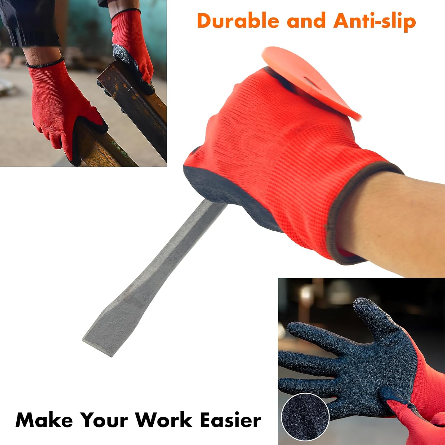 Heavy-Duty Mason Chisel with Thick Protective Handles + PVC Coated Gloves Hand Guard Carbon Steel Tile and Concrete Chisels, Ideal for Brickwork, Demolition, Stonework, Carving, Breaking Mortar Stone