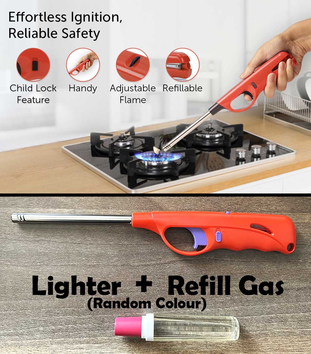 Long Kitchen Stove Lighter with Free Extra Gas Refill for Safe Distance Ignition of Gas Burner BBQ Grill Coal Camping and Picnic Lighting Ignite Stick Matches