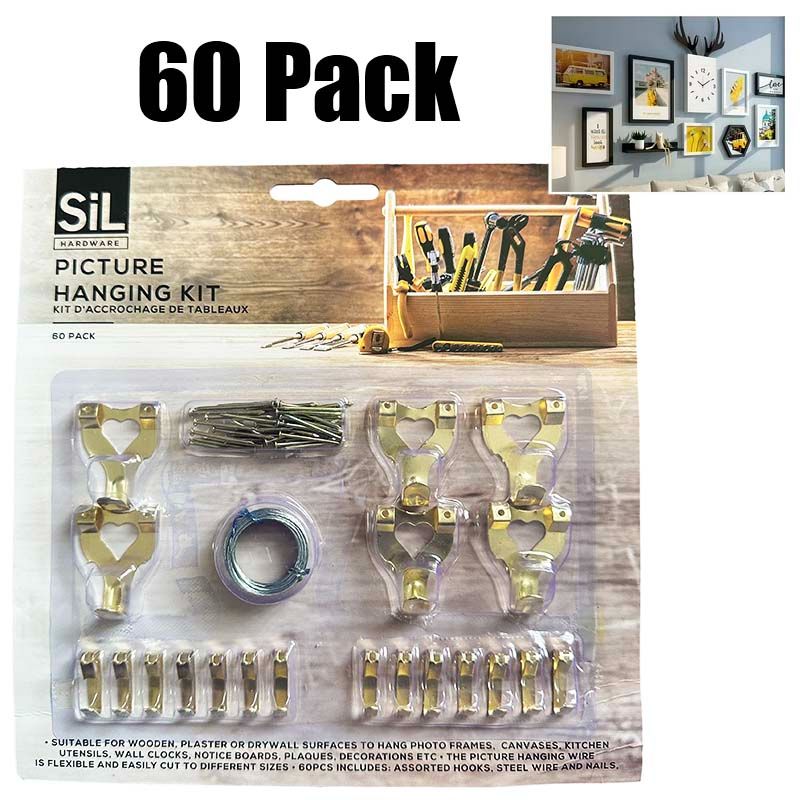 60 Pieces Picture Hanging Kit Assorted Set Hooks Nails Steel Wire Photo Frame Mirror Canvas Flower Pot Art Hangers Brass Sil Hardware Decorations Wall Clocks