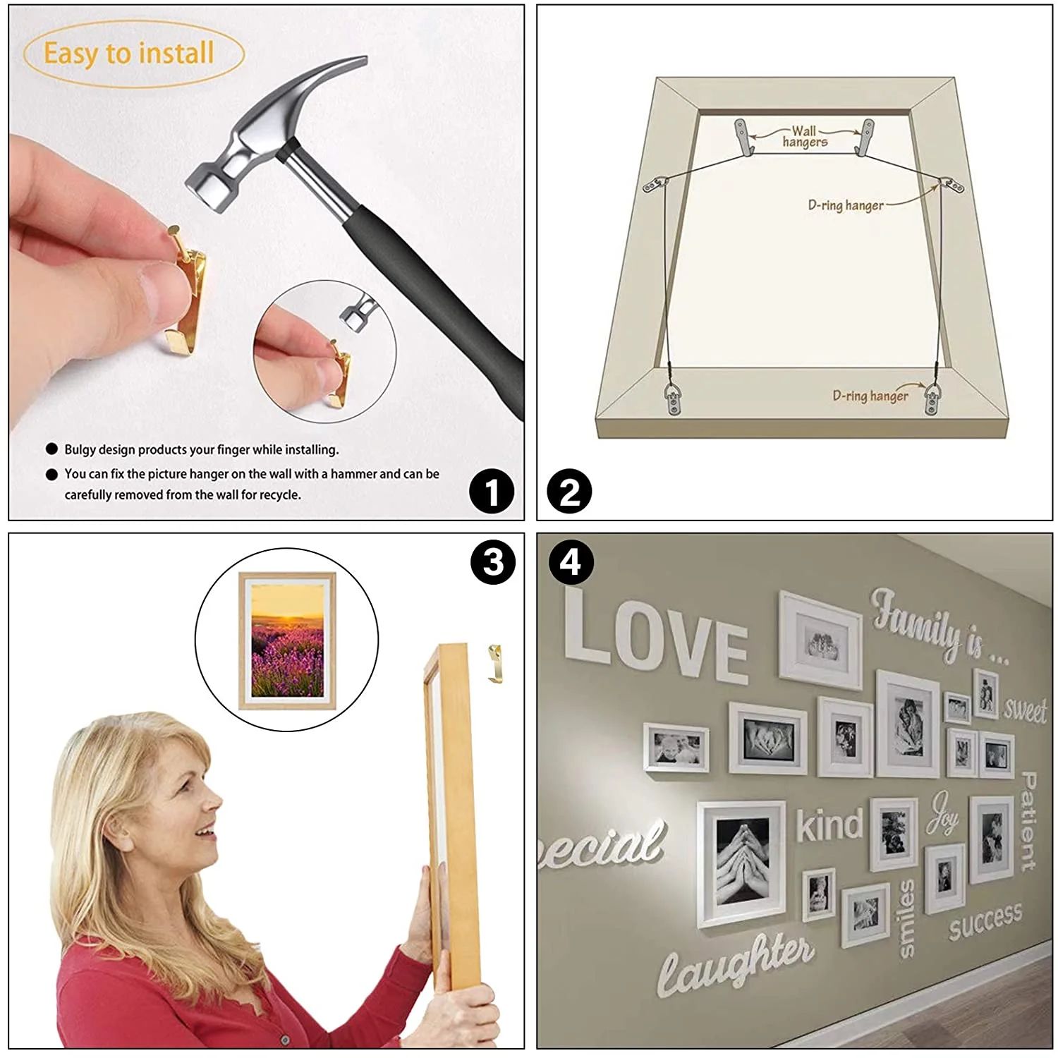 60 Pieces Picture Hanging Kit Assorted Set Hooks Nails Steel Wire Photo Frame Mirror Canvas Flower Pot Art Hangers Brass Sil Hardware Decorations Wall Clocks