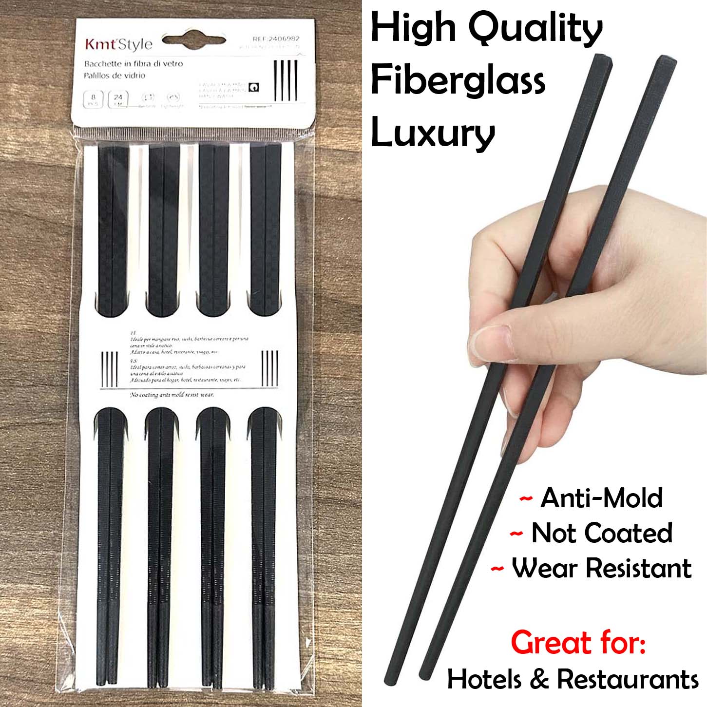 8pcs(4pairs) Fiberglass Lightweight Chopsticks Reusable 9.3 inches, Non-Slip, Black, Classic Luxury Fiber Glass Chop Sticks Hand Wash