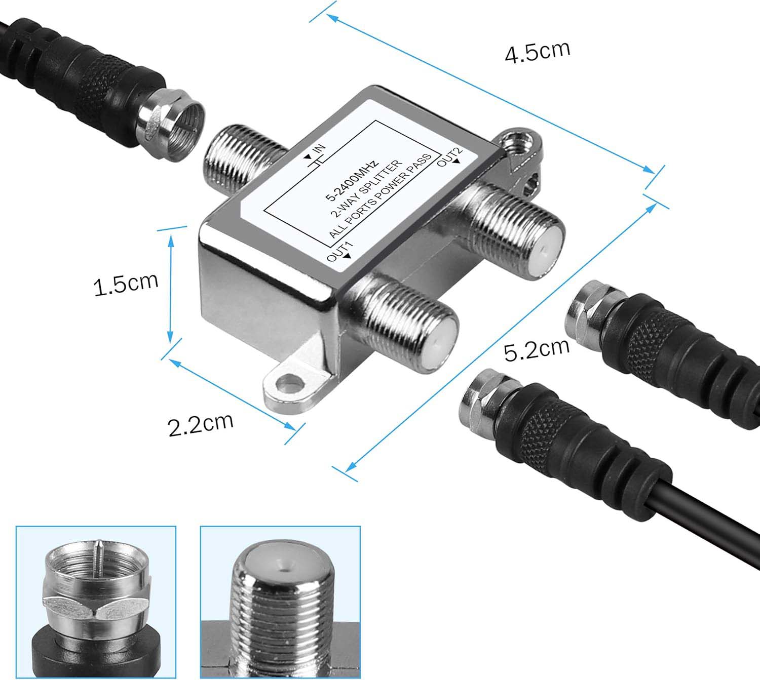Digital 2-Way Coaxial Cable Splitter 5-2400MHz, RG6 Compatible, Work with Satellite/Cable TV and Internet, CATV Antenna System.(COAXIAL Cable NOT Included) All Power Pass Aerial Connector