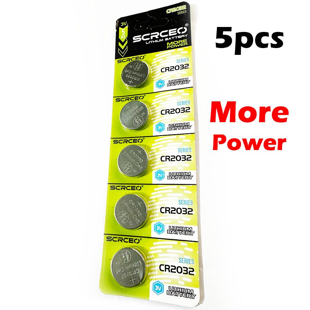 5pcs CR2032 SCRCEO Battery More Power 3V Lithium 5 Cells (CR 2032 / Batteries CR2032 / DL2032 / ECR2032/) For Computer Motherboards, Remotes, LED Lights, Glucometers, Toys, Car Key, Scales.