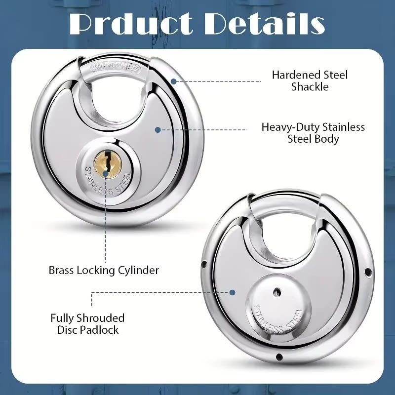 60mm Stainless Steel Disc Lock Keyed Padlock Outdoor Padlock with 3/8" Shackle Storage Drive Waterproof