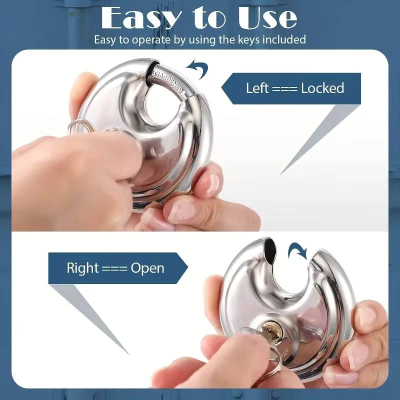 60mm Stainless Steel Disc Lock Keyed Padlock Outdoor Padlock with 3/8" Shackle Storage Drive Waterproof