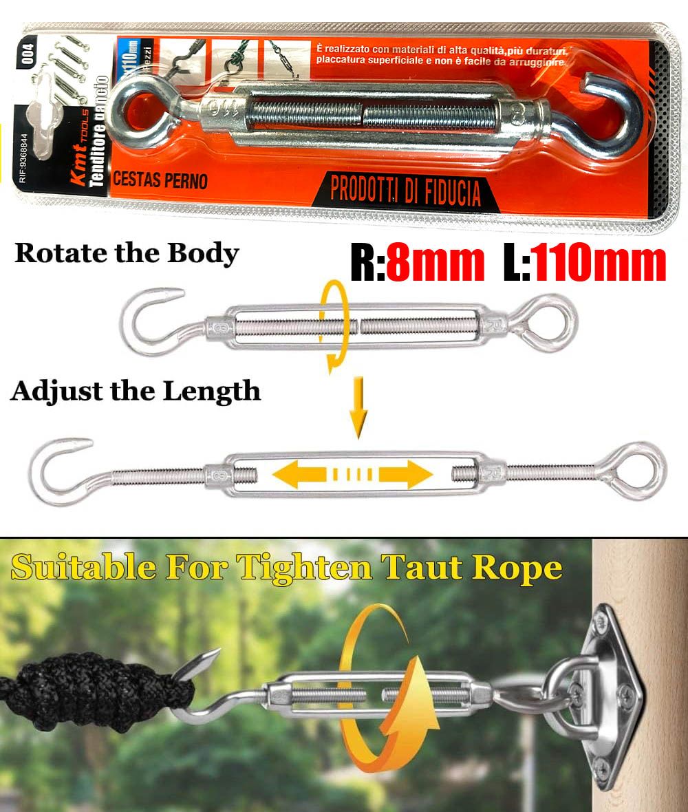 8x110mm Stainless Steel Turnbuckle Hook and Eye Heavy Duty Tensioner Adjustable Shade Sail Hardware for Tightening up Metal Cable Wire