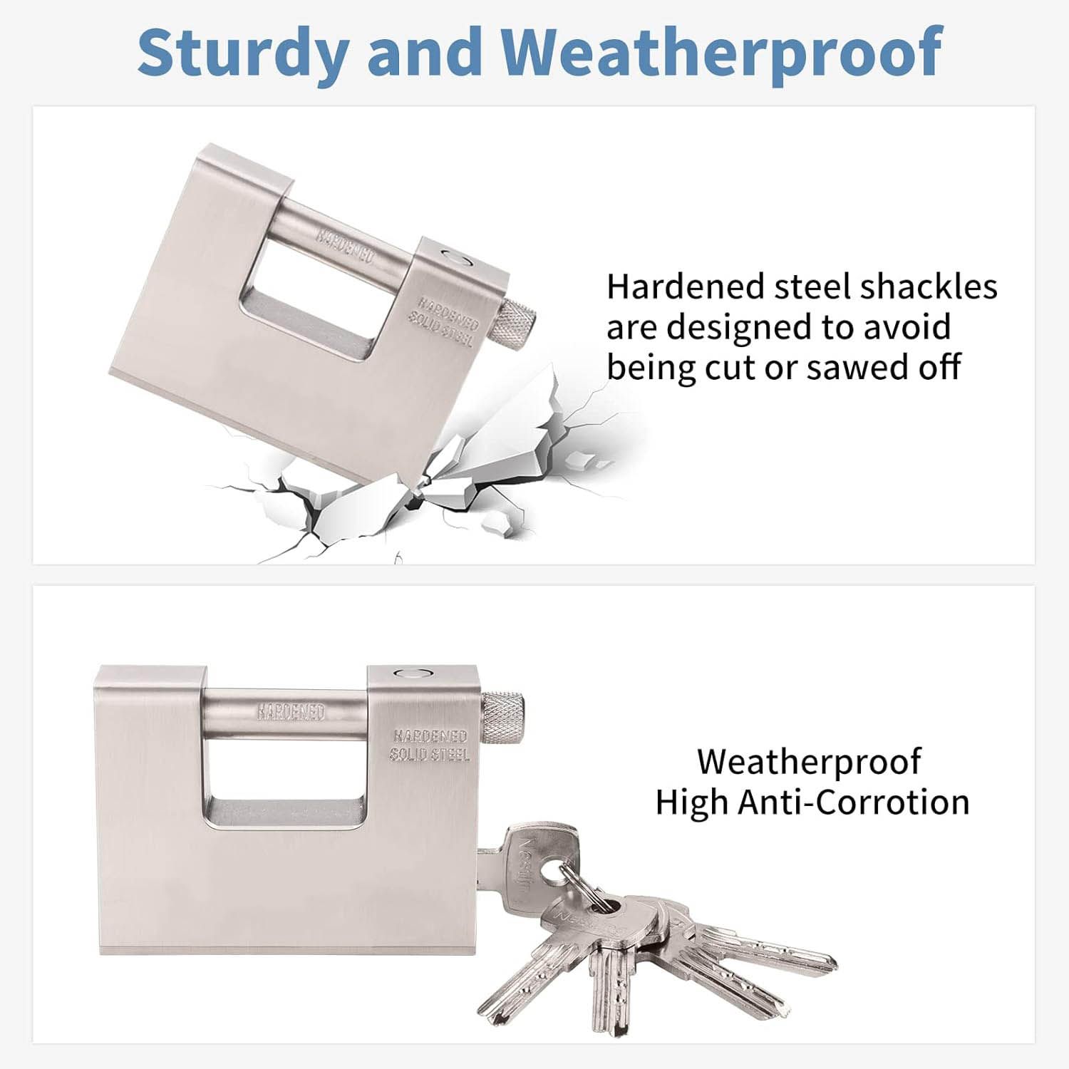 94mm Rectangle Type Horizontal Beam Steel Padlock + 4 Keys for Armoured Steel Shutter Warehouse Container Lock Outdoor Keyed Padlock - Protect Garage Door, Containers, Shed, Shutter, Gate