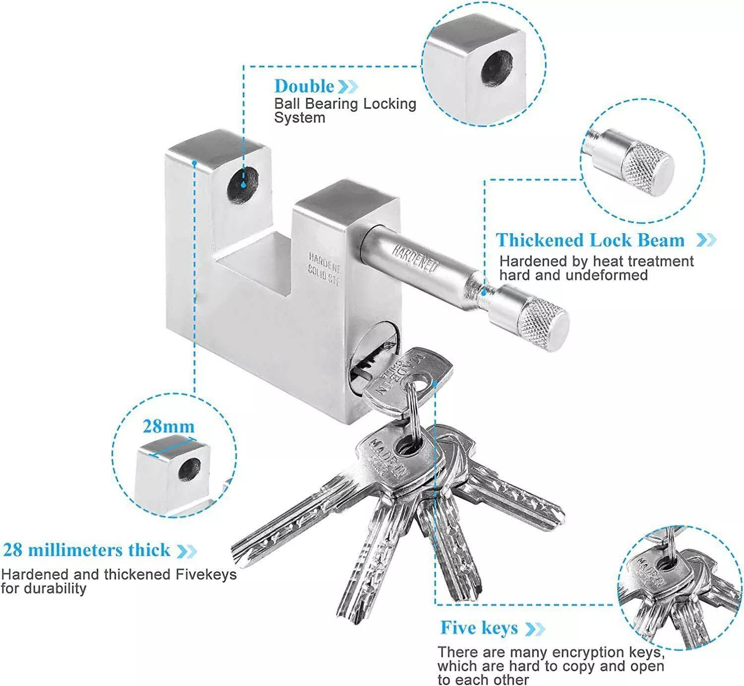 94mm Rectangle Type Horizontal Beam Steel Padlock + 4 Keys for Armoured Steel Shutter Warehouse Container Lock Outdoor Keyed Padlock - Protect Garage Door, Containers, Shed, Shutter, Gate