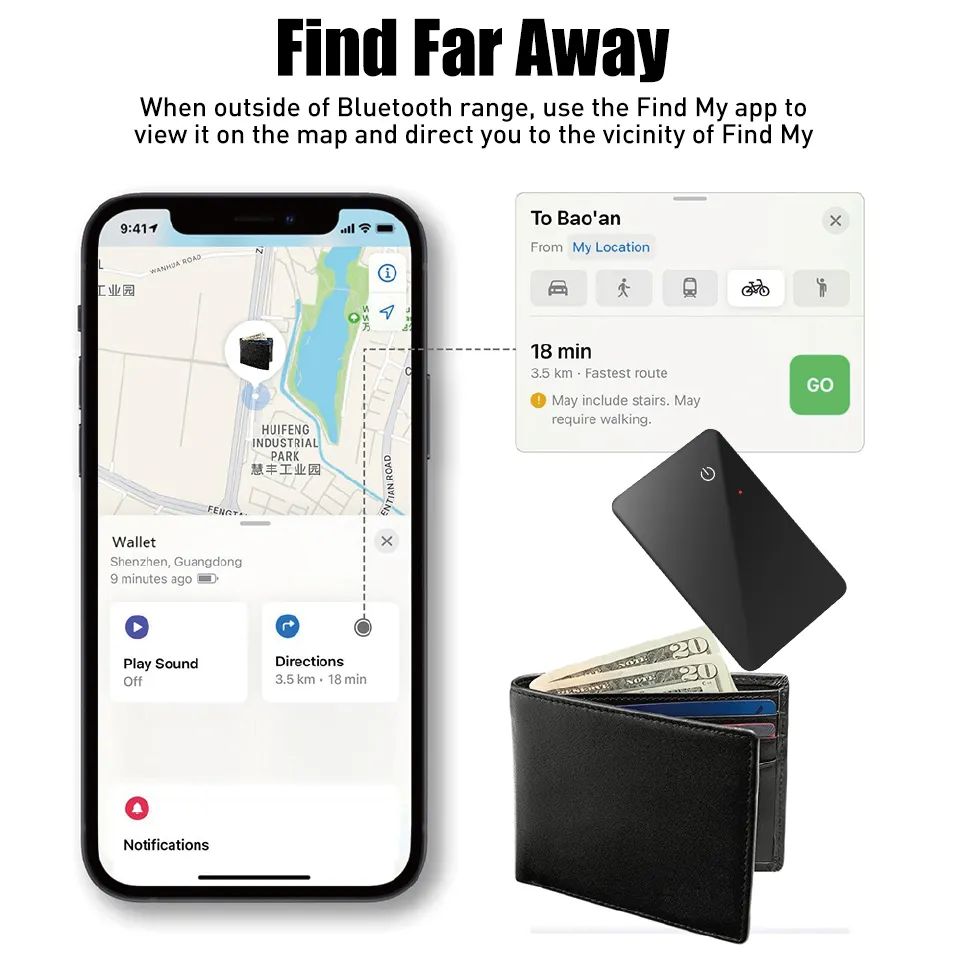 Mfi Ultra Thin Rechargeable Anti Lost Device Position Tracking Finder Works with Apple Find My Device Gps Locator Tag Smart Wallet Tracker Card Purse iphone