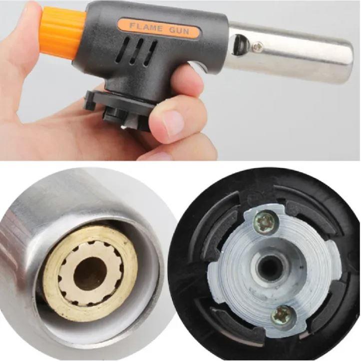 Flamethrower + Butane Gas Can Cannister Cassette Flame Gun Head Torch, Camping Welding Fire Maker Lighter Burners BBQ Propane LPG Blowtorch Automatic Cooking