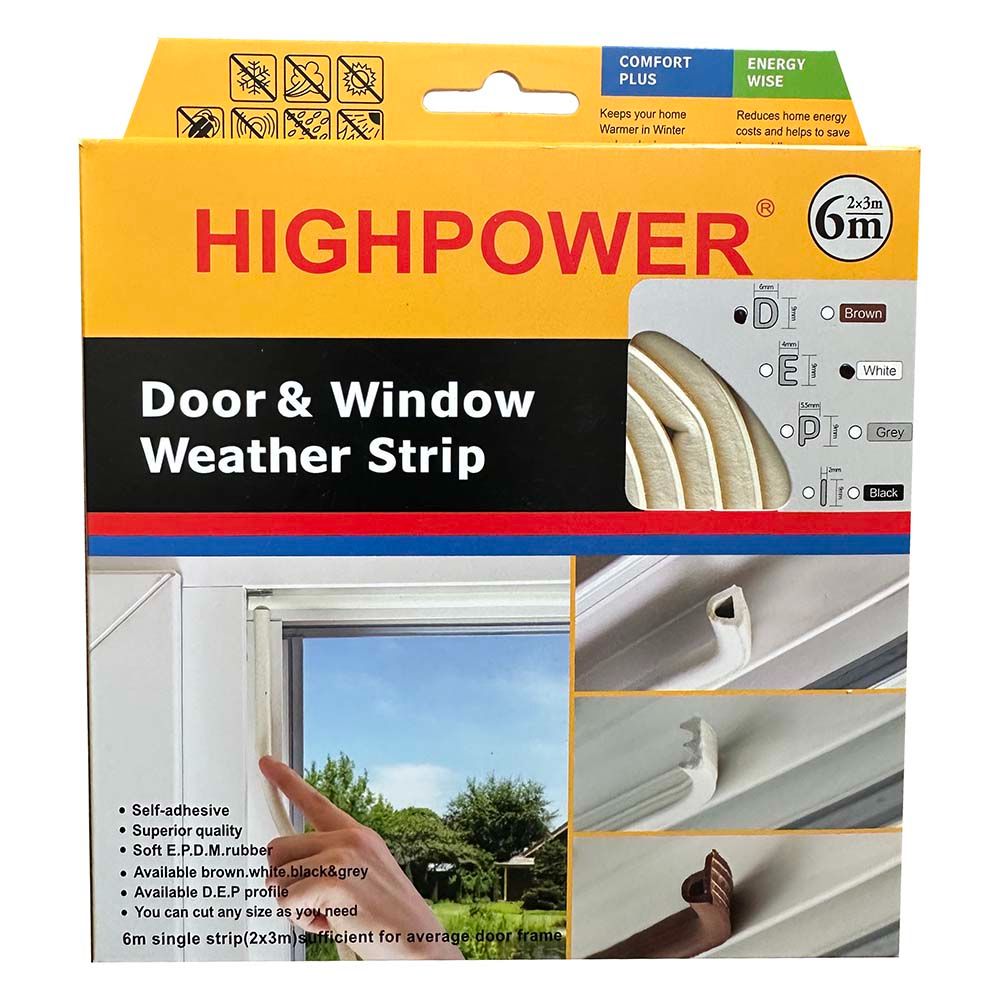 6M Door Weather Stripping Bottom Strip Draft Stopper, Self Adhesive Foam D Type Seal for Doors and Windows Gaps EPDM Highpower