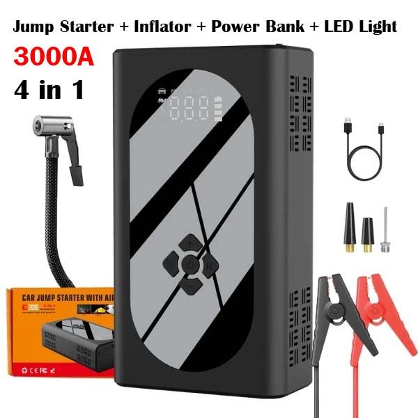 12V Portable A21 Car Jump Starter With Tyre Pump 37000mwh Powerbank LED Lights JumpStarter With 150psi Air Compressor For Up To 6.5L Petrol & 4.5L Diesel Jumper Cables