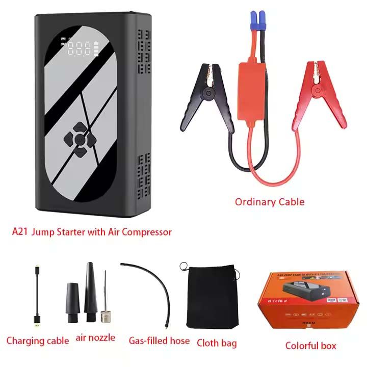 12V Portable A21 Car Jump Starter With Tyre Pump 37000mwh Powerbank LED Lights JumpStarter With 150psi Air Compressor For Up To 6.5L Petrol & 4.5L Diesel Jumper Cables