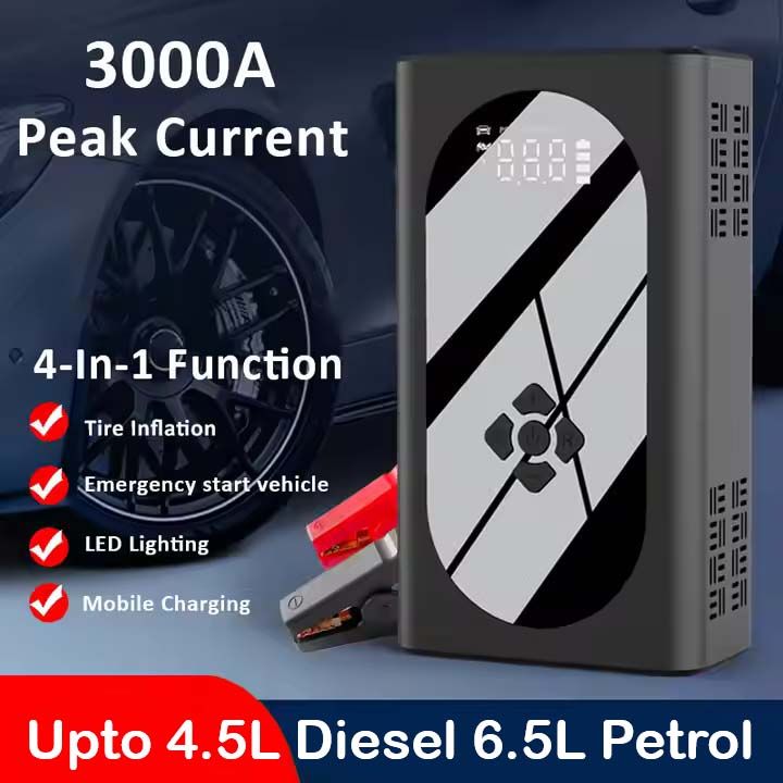12V Portable A21 Car Jump Starter With Tyre Pump 37000mwh Powerbank LED Lights JumpStarter With 150psi Air Compressor For Up To 6.5L Petrol & 4.5L Diesel Jumper Cables