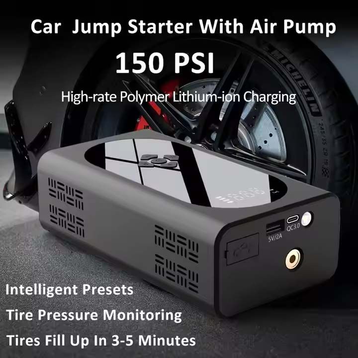12V Portable A21 Car Jump Starter With Tyre Pump 37000mwh Powerbank LED Lights JumpStarter With 150psi Air Compressor For Up To 6.5L Petrol & 4.5L Diesel Jumper Cables