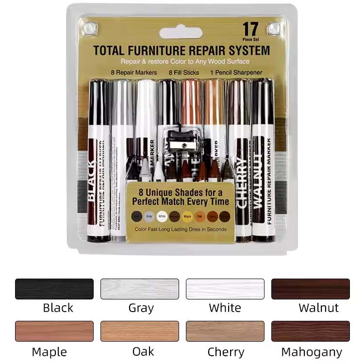 17PCS Total Furniture Repair System - Restore Colour to Any Wood Surface Markers Touch Up Pen, Scratch Repair Kit, Wax Sticks, Remover for Stains, Scratches, Wood Floors, Tables, Carpenters, Bedposts