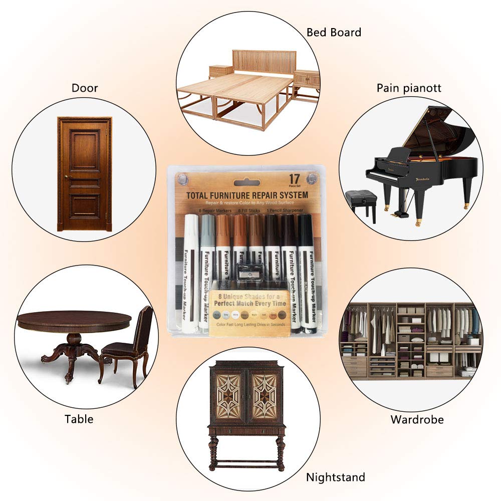 17PCS Total Furniture Repair System - Restore Colour to Any Wood Surface Markers Touch Up Pen, Scratch Repair Kit, Wax Sticks, Remover for Stains, Scratches, Wood Floors, Tables, Carpenters, Bedposts