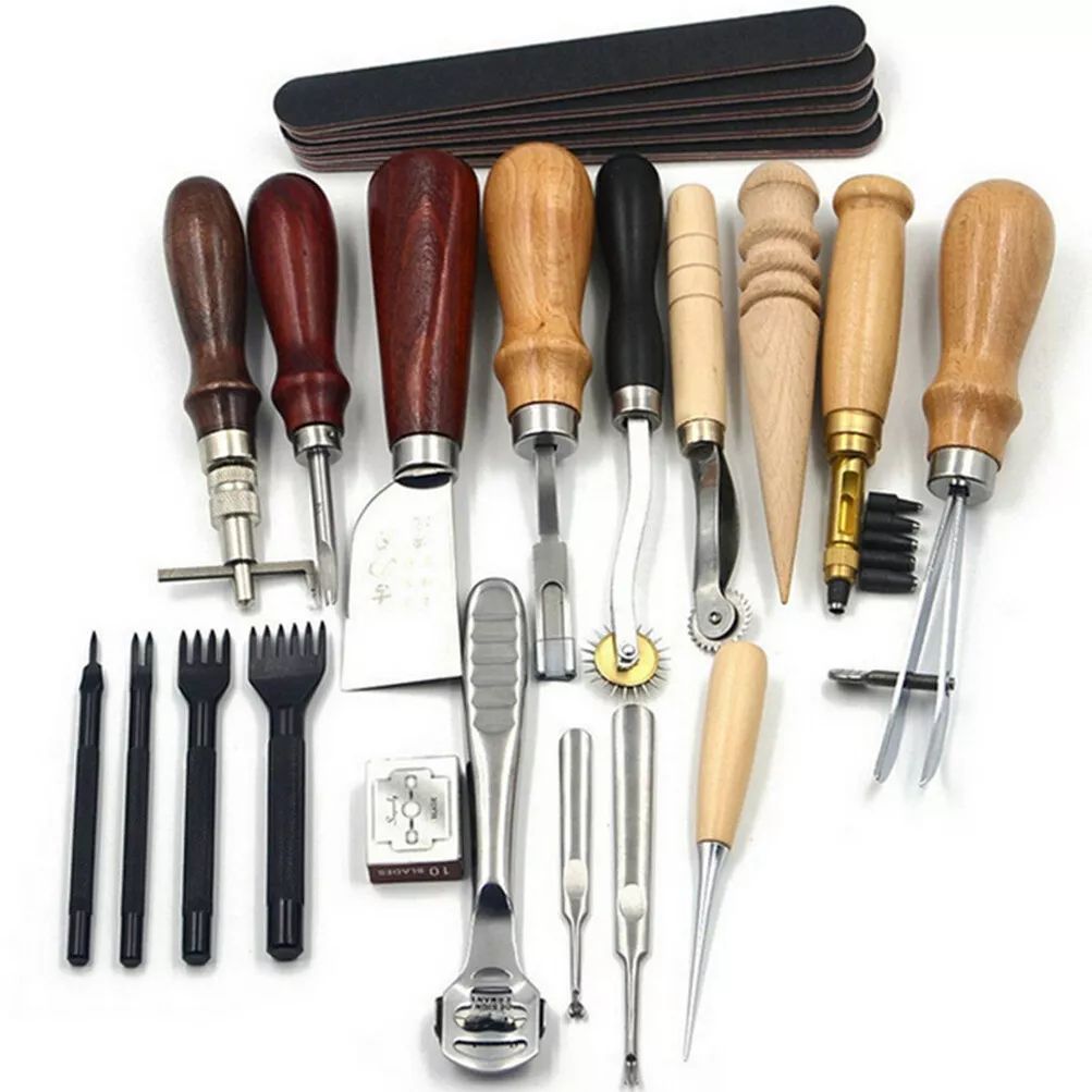 18-Piece Professional Leather Working Sewing Tools Set, DIY Craft Hand Stitching Groover Awl Thimble Kit Cutting Making Stamping Beveler Punch Working Cobbler Edge Grinding