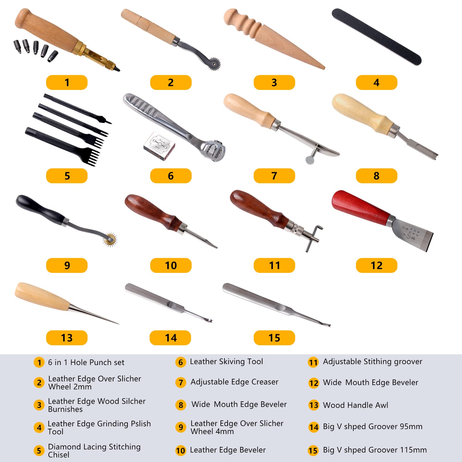 18-Piece Professional Leather Working Sewing Tools Set, DIY Craft Hand Stitching Groover Awl Thimble Kit Cutting Making Stamping Beveler Punch Working Cobbler Edge Grinding