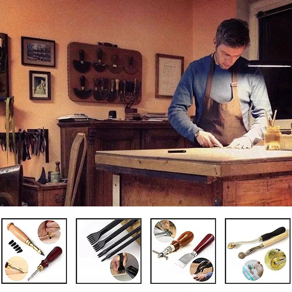 18-Piece Professional Leather Working Sewing Tools Set, DIY Craft Hand Stitching Groover Awl Thimble Kit Cutting Making Stamping Beveler Punch Working Cobbler Edge Grinding