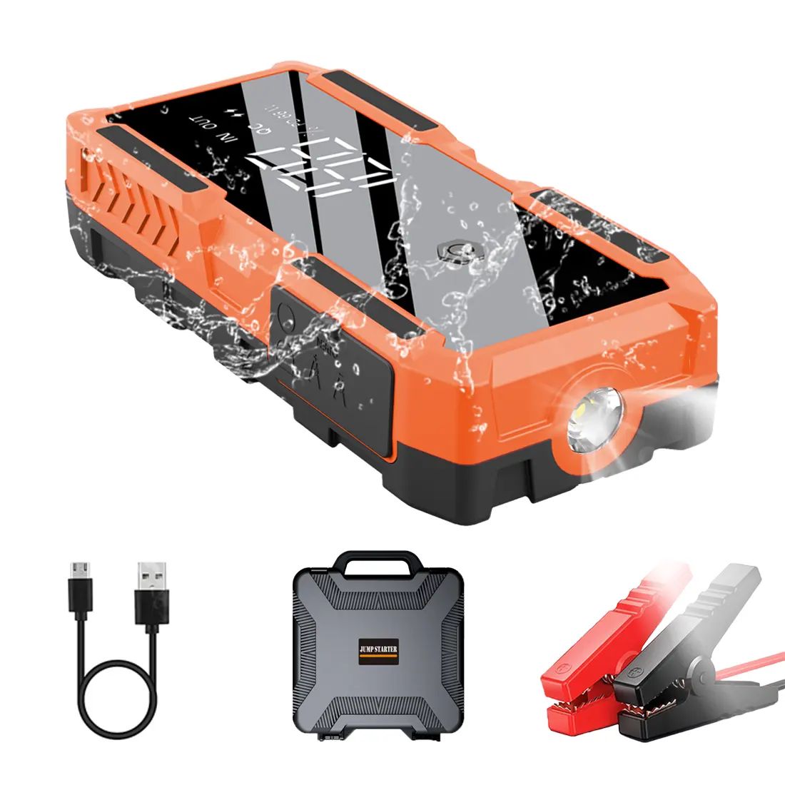 12V 3000A Peak Powerful Car Jump Starter Battery Charger 18000mAh Waterproof + Plastic Case Portable Power Bank LED Torch Light Jumpstarter  66.6Wh(14.8V/66600mWh) A19