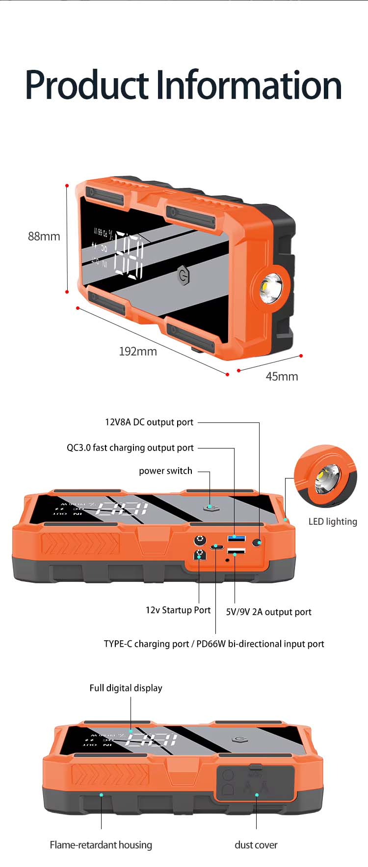 12V 3000A Peak Powerful Car Jump Starter Battery Charger 18000mAh Waterproof + Plastic Case Portable Power Bank LED Torch Light Jumpstarter  66.6Wh(14.8V/66600mWh) A19