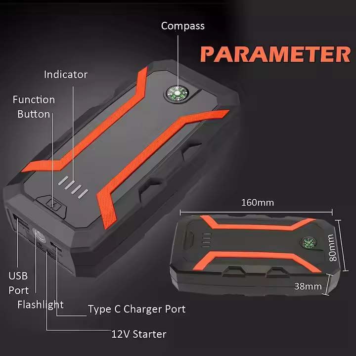 4 in 1 Car Jump Starter 12V + Power Bank + LED Light + Compass 12V Auto Battery Booster Portable Jumpstarter Clamps Cables Emergency Power Pack with USB C Fast Charging