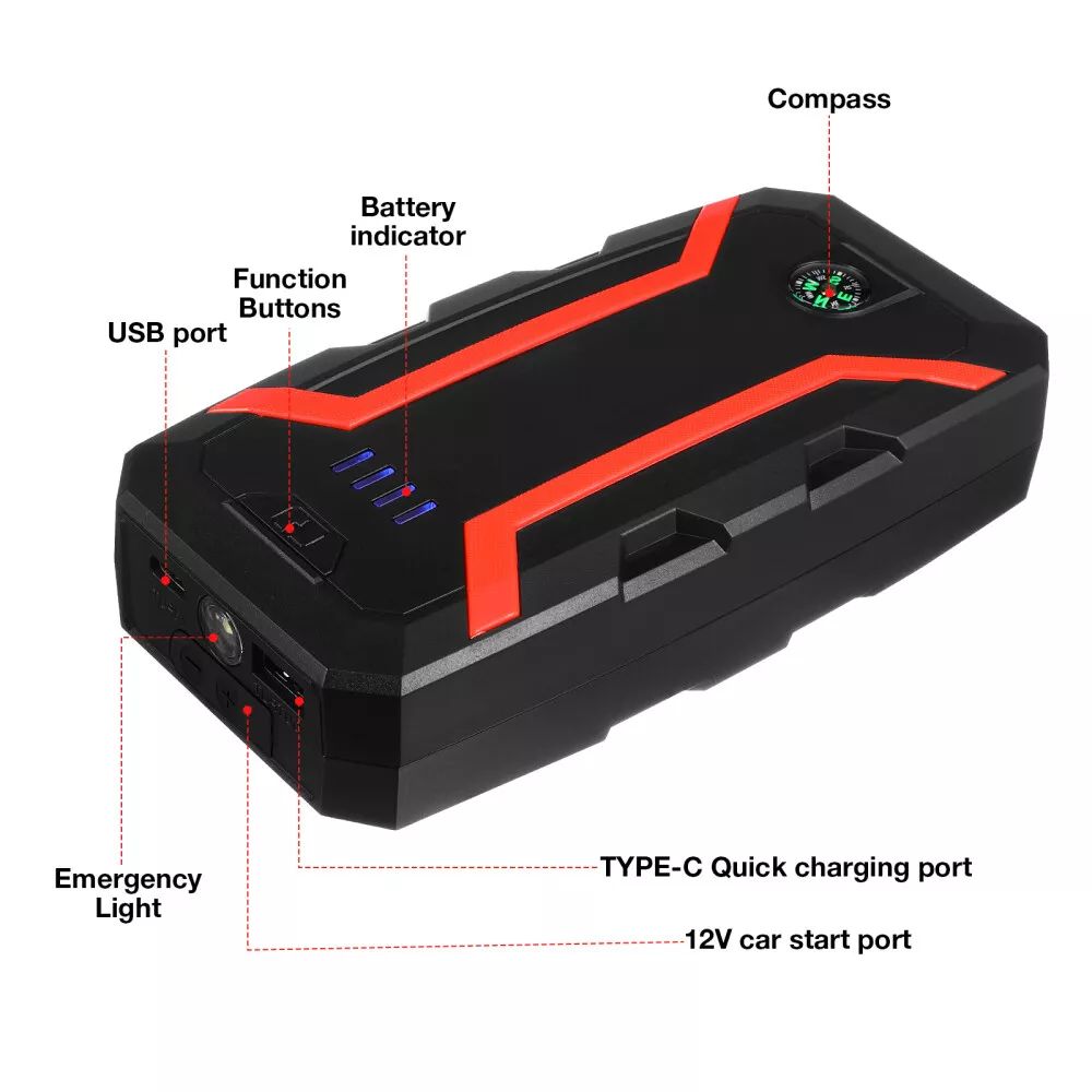 4 in 1 Car Jump Starter 12V + Power Bank + LED Light + Compass 12V Auto Battery Booster Portable Jumpstarter Clamps Cables Emergency Power Pack with USB C Fast Charging