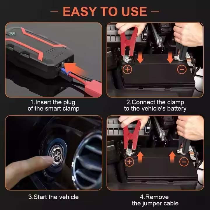 4 in 1 Car Jump Starter 12V + Power Bank + LED Light + Compass 12V Auto Battery Booster Portable Jumpstarter Clamps Cables Emergency Power Pack with USB C Fast Charging