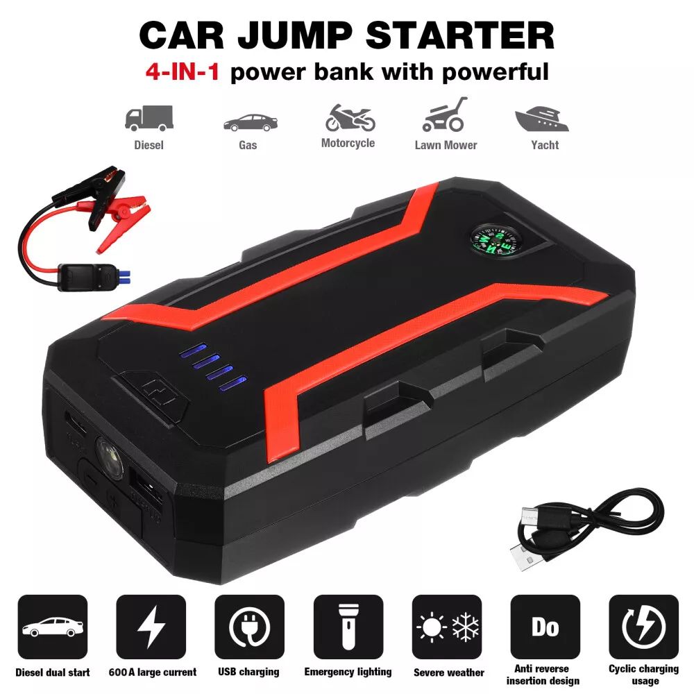 4 in 1 Car Jump Starter 12V + Power Bank + LED Light + Compass 12V Auto Battery Booster Portable Jumpstarter Clamps Cables Emergency Power Pack with USB C Fast Charging