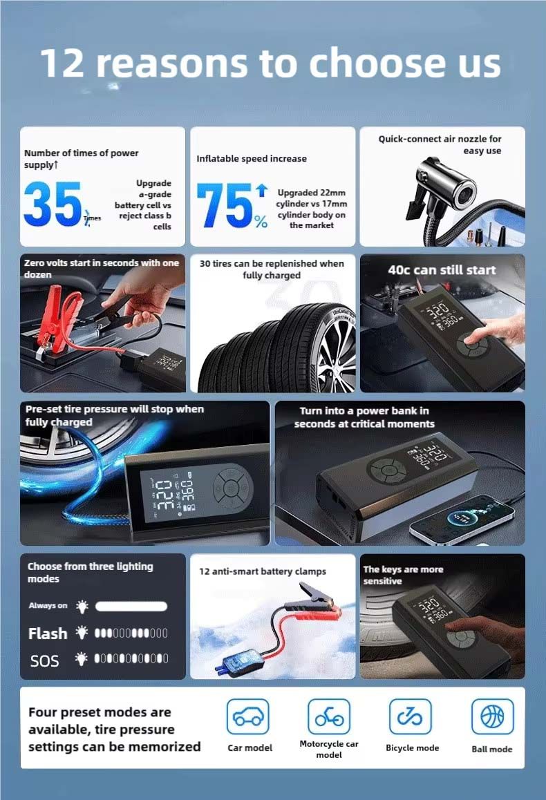1000A Jump Starter + Air Pump + Power Bank + LED Lighter 100W Emergency Car Battery Booster 8000mah 12V Portable Powerbank Jumpstarter Motorcycles Bicycle Air Bed 150PSI Air Compressor Tire Tyre Infla