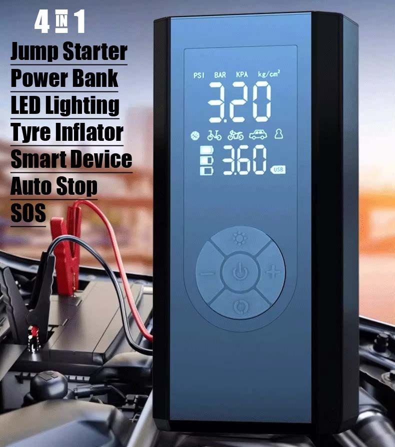 1000A Jump Starter + Air Pump + Power Bank + LED Lighter 100W Emergency Car Battery Booster 8000mah 12V Portable Powerbank Jumpstarter Motorcycles Bicycle Air Bed 150PSI Air Compressor Tire Tyre Infla