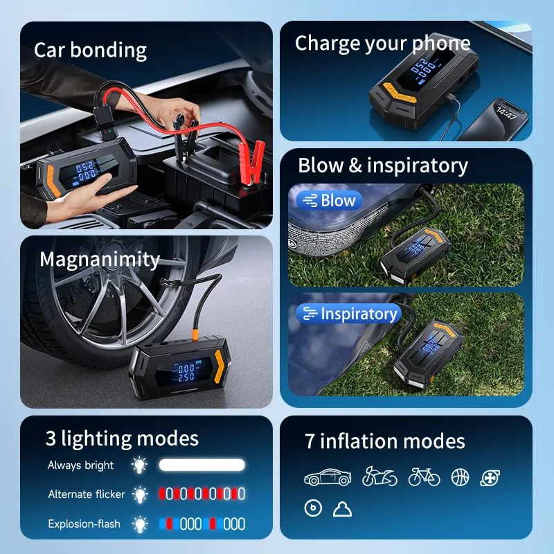 5 in 1 Jumpstarter 12000mAh Portable Cordless Smart Clip Air Blower Tire Inflator LED Lighter Power Bank Jump Starter for Car Airbed Swin Ring HW03