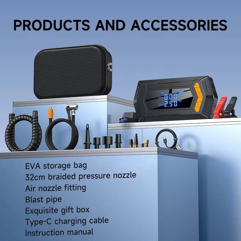 5 in 1 Jumpstarter 12000mAh Portable Cordless Smart Clip Air Blower Tire Inflator LED Lighter Power Bank Jump Starter for Car Airbed Swin Ring HW03