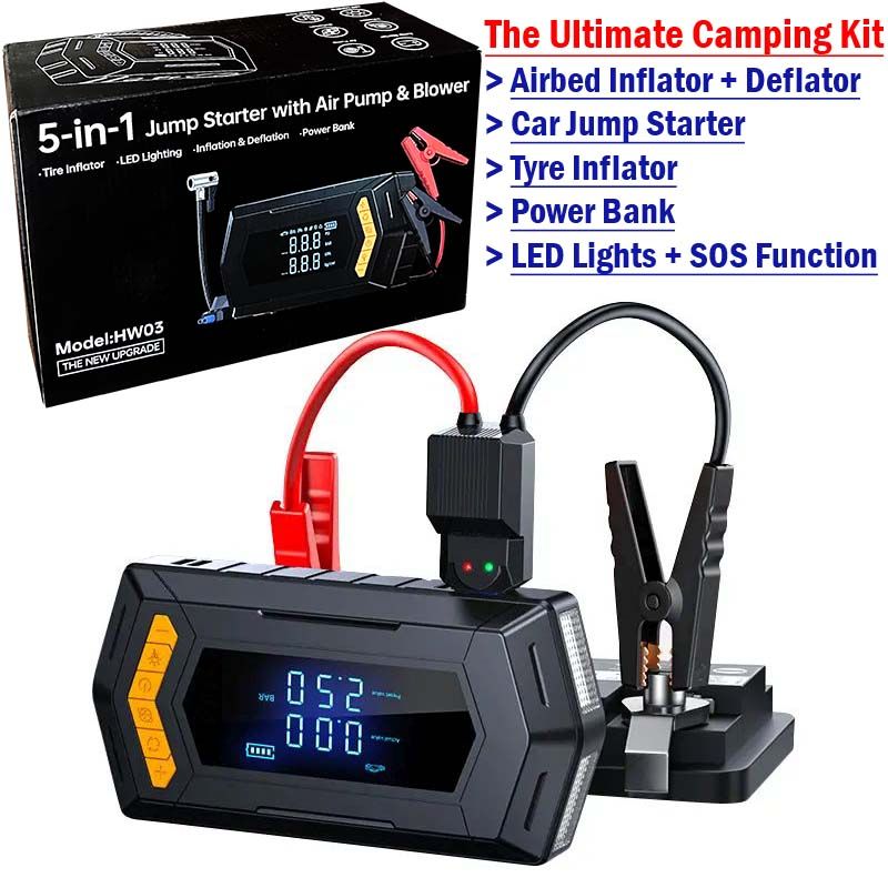 5 in 1 Jumpstarter 12000mAh Portable Cordless Smart Clip Air Blower Tire Inflator LED Lighter Power Bank Jump Starter for Car Airbed Swin Ring HW03