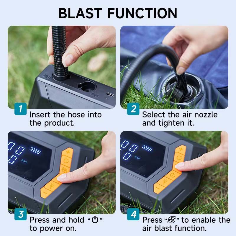 5 in 1 Jumpstarter 12000mAh Portable Cordless Smart Clip Air Blower Tire Inflator LED Lighter Power Bank Jump Starter for Car Airbed Swin Ring HW03