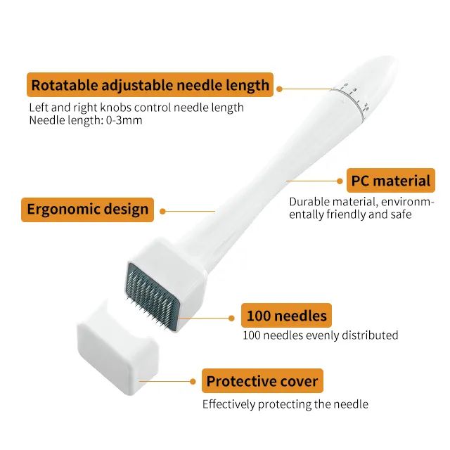 Derma Stamp Microneedle Adjustable 100 Micro Needles Length for Face / Hair /Beard /Scalp Hair Growth Stainless Steel