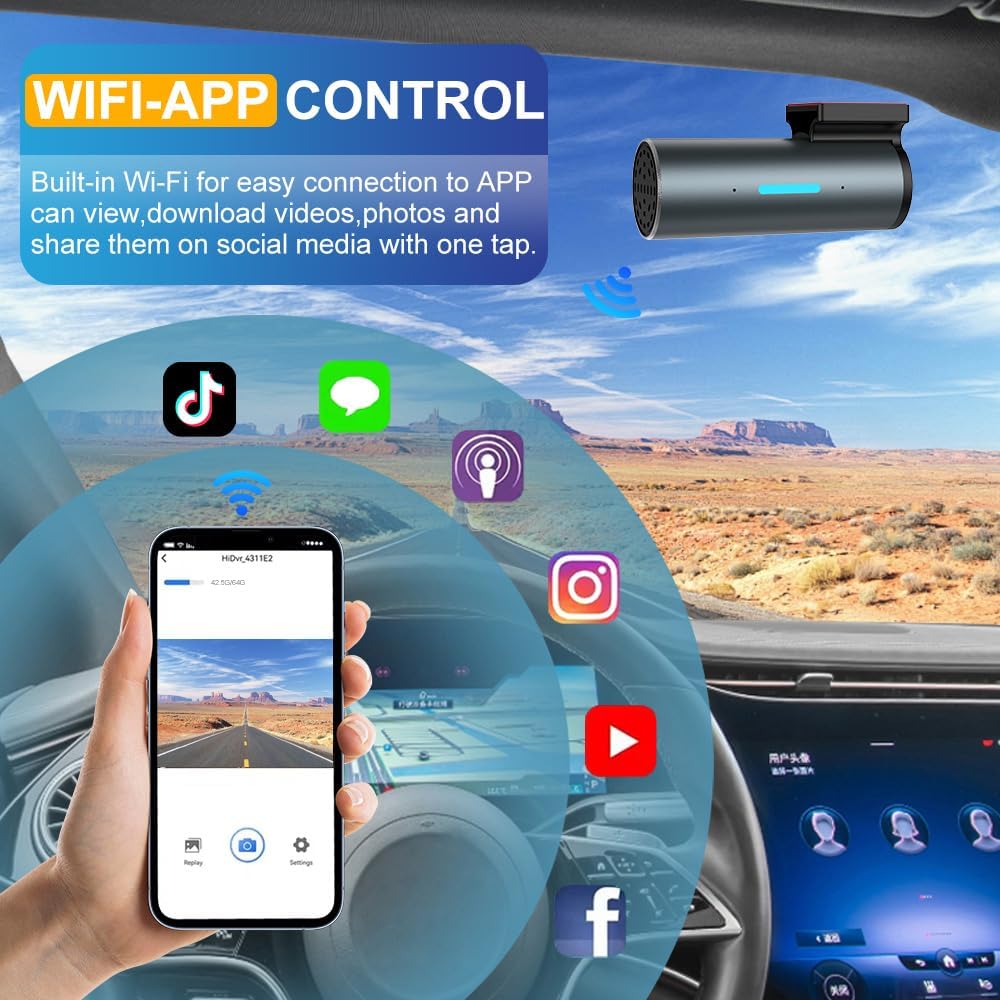 USB Wi-Fi 1080P Full HD Dash Cam Car Recorder with WiFi & APP, Easy to Stick, Night Vision, 24H Parking Mode, Loop Recording Hidden Driving Dashcam Camera, Adjustable arm,