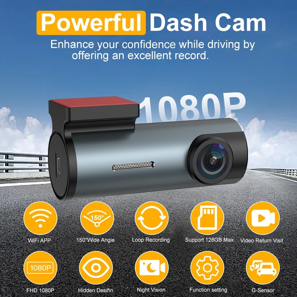 USB Wi-Fi 1080P Full HD Dash Cam Car Recorder with WiFi & APP, Easy to Stick, Night Vision, 24H Parking Mode, Loop Recording Hidden Driving Dashcam Camera, Adjustable arm,