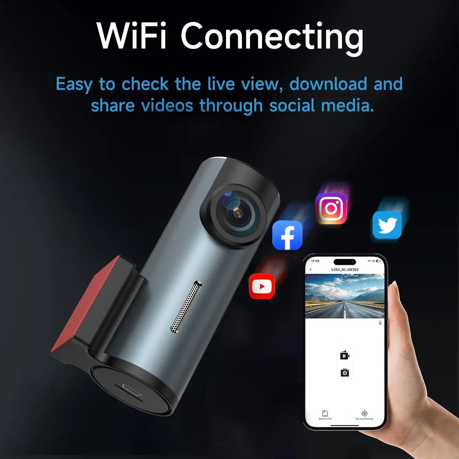 USB Wi-Fi 1080P Full HD Dash Cam Car Recorder with WiFi & APP, Easy to Stick, Night Vision, 24H Parking Mode, Loop Recording Hidden Driving Dashcam Camera, Adjustable arm,
