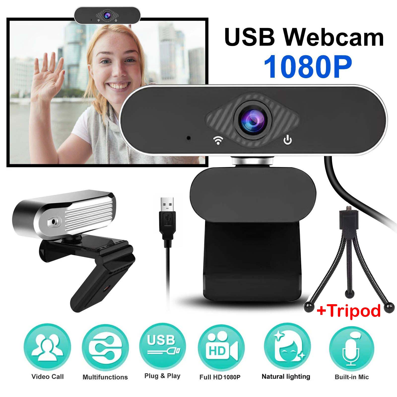 USB Webcam 1080P Full HD Auto Focusing Clip Web Cam Built-in Mic for Laptop Desktop PC + Mini Tripod Stand Microphone Video Call Streaming 1920x1080