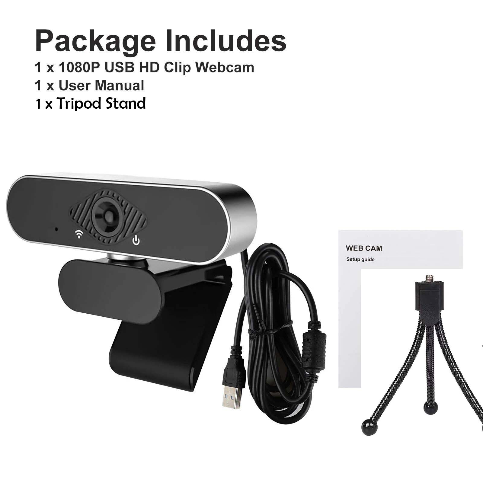 USB Webcam 1080P Full HD Auto Focusing Clip Web Cam Built-in Mic for Laptop Desktop PC + Mini Tripod Stand Microphone Video Call Streaming 1920x1080