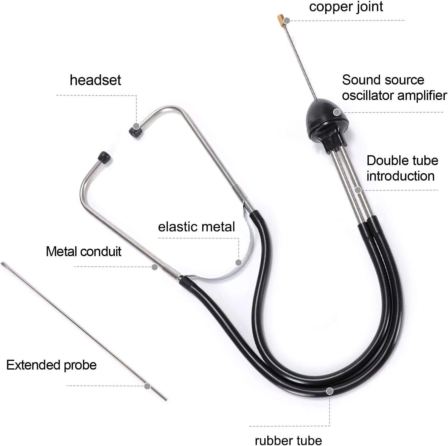 Mechanics Cylinder Stethoscope Car Engine Block Diagnostic Engine Noise Hearing Tool Stainless Steel Detection Automotive Truck/ Motorcycle Diagnosis Detector + Extra 10" Extension Probe