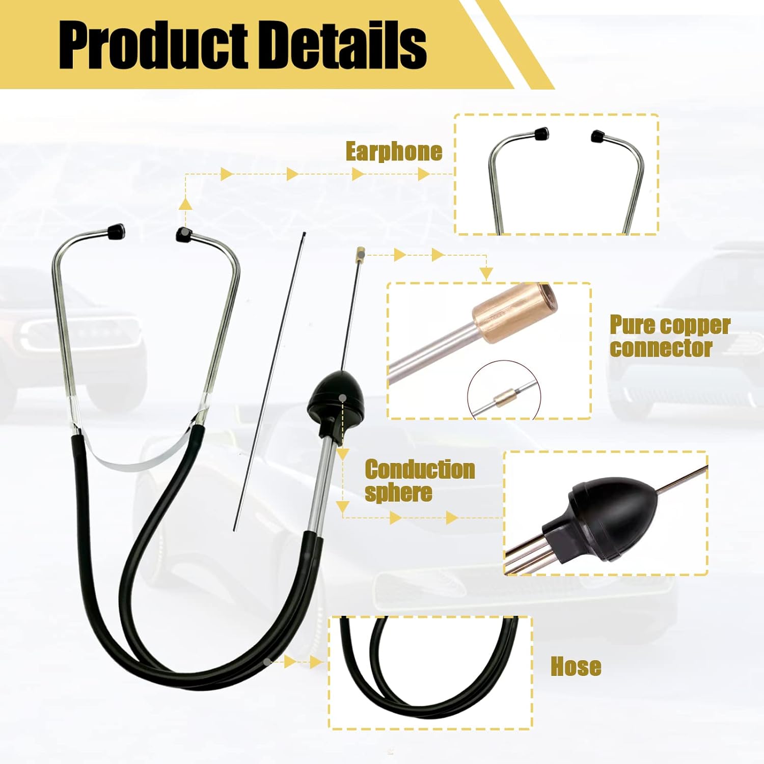 Mechanics Cylinder Stethoscope Car Engine Block Diagnostic Engine Noise Hearing Tool Stainless Steel Detection Automotive Truck/ Motorcycle Diagnosis Detector + Extra 10" Extension Probe