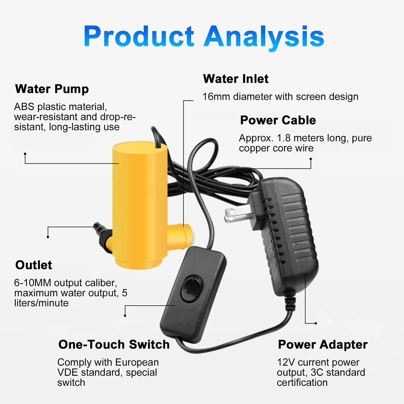 Electric 12V 30W Mini Submersible Water Pump Power Adapter Maximum Lift 10M Micro Easily Carry Discharge Head Domestic Aquarium Fish Tank with Three-Gear Water Inlet Angle Grinder Guard Slotting Dust
