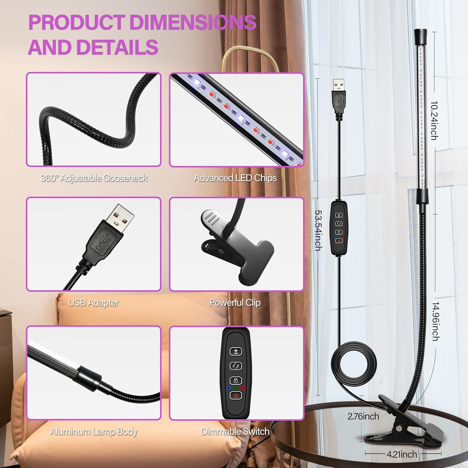 Red & Blue USB LED Plant Grow Light Strips Full Spectrum for Indoor Plants with Auto ON/Off 3/9/12H Timer, 10 Dimmable Levels Per Tube, Artificial UV Sunlike Grow Lamp for Hydroponics Succulent, Singl