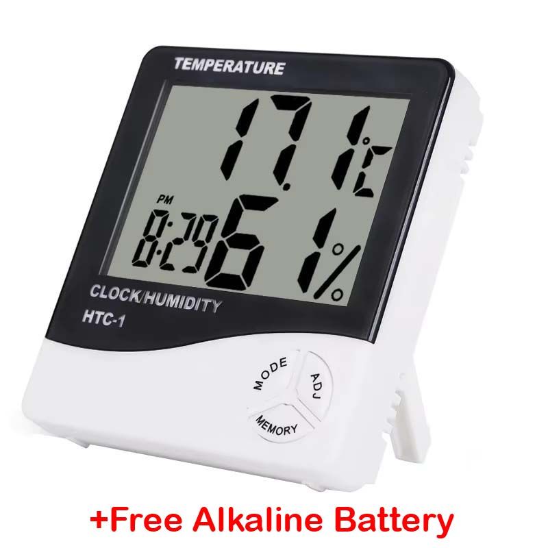 Alarm Clock + Temperature + Humidity + Calendar HTC-1  Desktop LCD Digital Office Date Hygrometer Time Thermometer 5 Functions Indoor Medical Large Screen Desktop Stand & Wall Mount White Weather Stat