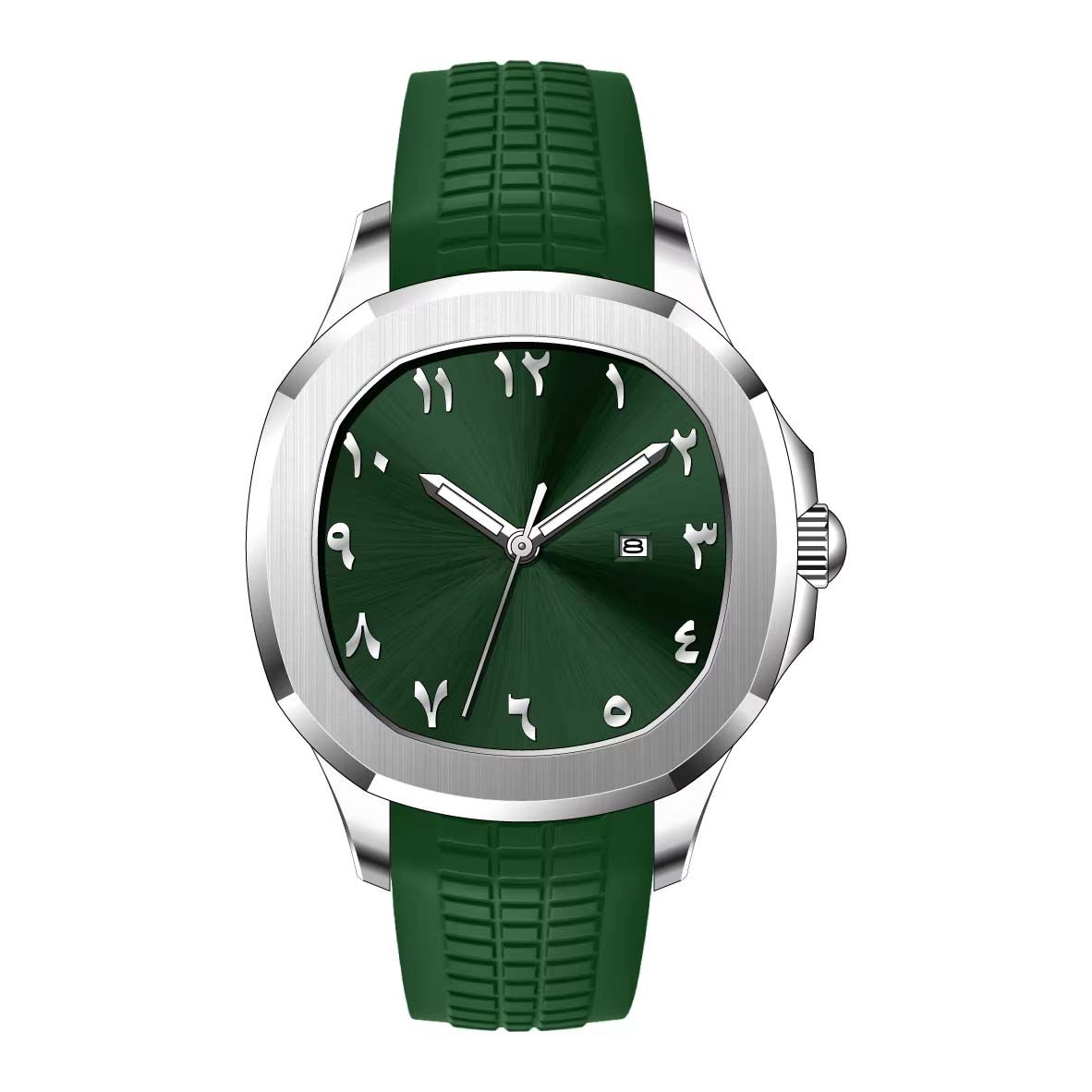 Green Arabic Dial Watch for Men Classic Minimalist Square Luminous Quartz Date Silicone Band Sport Wrist Watch Montre