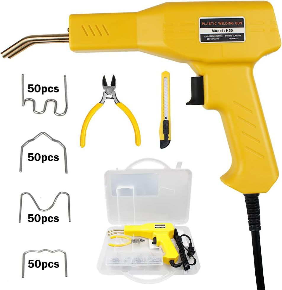 Plastic Welder Kit, 200 Staples 50W Hot Stapler Plastic Welding Machine, Handy Gun Car Bumper Repair, Bodywork Fender Fairing Electric 220V UK Plug Handheld PVC Welding Systems Include 4 Types Hot Wav
