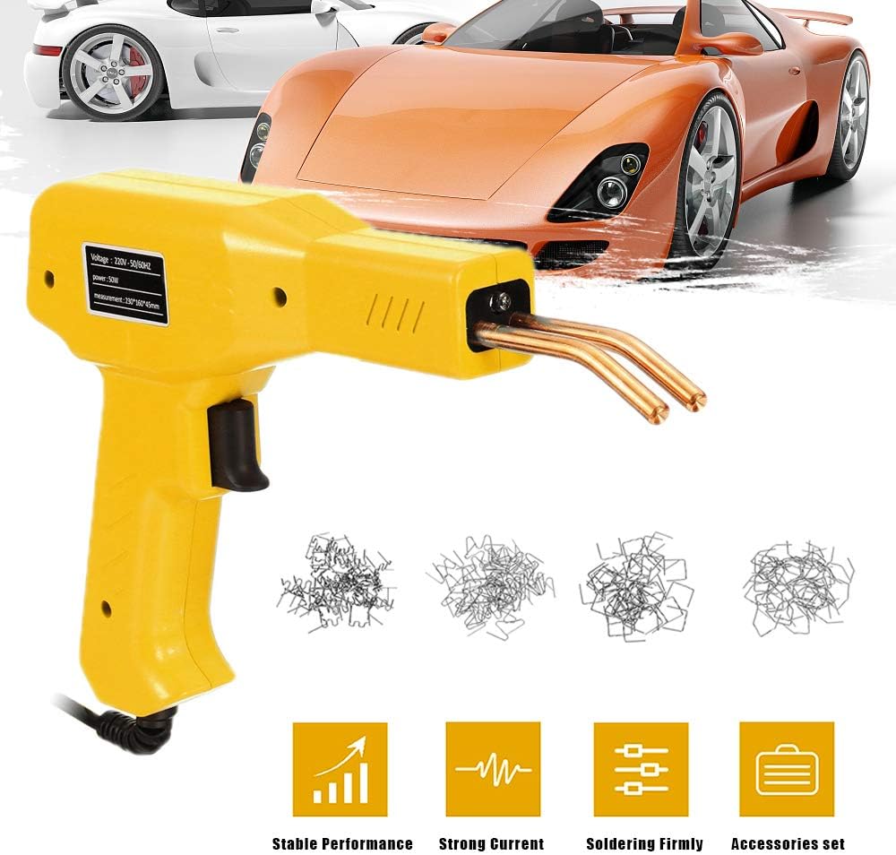 Plastic Welder Kit, 200 Staples 50W Hot Stapler Plastic Welding Machine, Handy Gun Car Bumper Repair, Bodywork Fender Fairing Electric 220V UK Plug Handheld PVC Welding Systems Include 4 Types Hot Wav